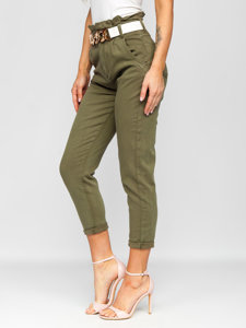 Pantaloni in jeans a vita alta con cintura da donna khaki Bolf LA687