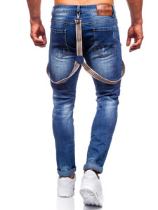 Pantaloni in jeans slim fit con bretelle da uomo blu Bolf KS2056