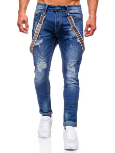 Pantaloni in jeans slim fit con bretelle da uomo blu Bolf KS2056