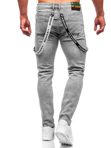 Pantaloni in jeans slim fit con bretelle da uomo grigi Bolf KX952