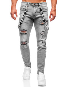 Pantaloni in jeans slim fit con bretelle da uomo grigi Bolf KX952