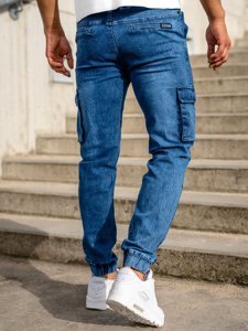 Pantaloni jogger in denim tipo cargo da uomo blu Bolf HY893