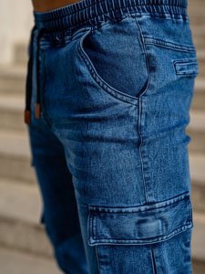 Pantaloni jogger in denim tipo cargo da uomo blu Bolf HY893