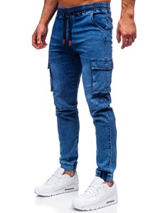 Pantaloni jogger in denim tipo cargo da uomo blu Bolf HY893