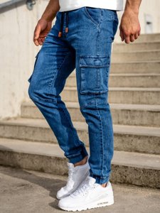 Pantaloni jogger in denim tipo cargo da uomo blu Bolf HY893