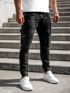 Pantaloni jogger in jeans tipo cargo da uomo neri Bolf KA9581