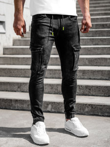 Pantaloni jogger in jeans tipo cargo da uomo neri Bolf KA9582