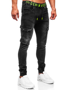 Pantaloni jogger in jeans tipo cargo da uomo neri Bolf KA9582