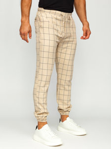 Pantaloni jogger in tessuto a scacchi da uomo beige Bolf 0064