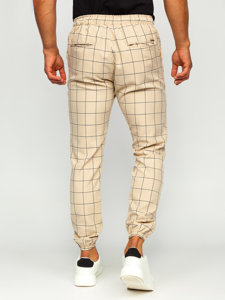 Pantaloni jogger in tessuto a scacchi da uomo beige Bolf 0064