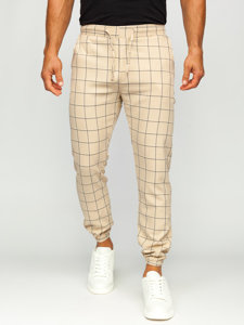 Pantaloni jogger in tessuto a scacchi da uomo beige Bolf 0064