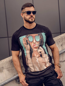 T-shirt in cotone con stampa da uomo nera Bolf 143019A