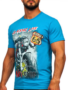 T-shirt in cotone con stampa da uomo turchese Bolf 14794