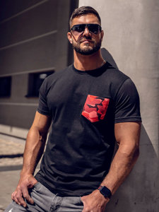 T-shirt in cotone con taschino con stampa mimetica da uomo nero-rossa Bolf 14507A