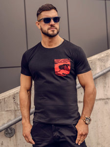 T-shirt mimetica con taschino con stampa da uomo nero-rossa Bolf 8T85A