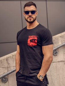 T-shirt mimetica con taschino con stampa da uomo nero-rossa Bolf 8T85A