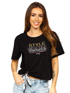 T-shirt stampata con paillettes da donna nera Bolf DT101