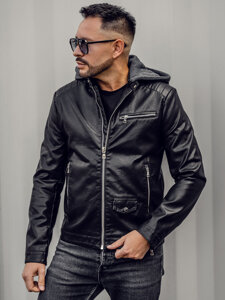 Uomo Giacca biker in pelle con cappuccio Nero Bolf 11Z8022