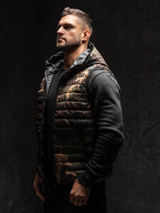 Uomo Gilet trapuntato mimetico con cappuccio Khaki Bolf 7106A1