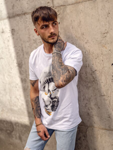 Uomo T-shirt in cotone con stampa Bianco Bolf 142175A