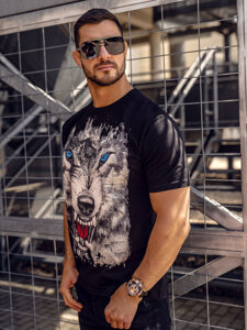 Uomo T-shirt in cotone con stampa Nero Bolf 14801A