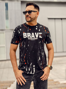 Uomo T-shirt in cotone con stampa Nero-Rosso Bolf 14727A